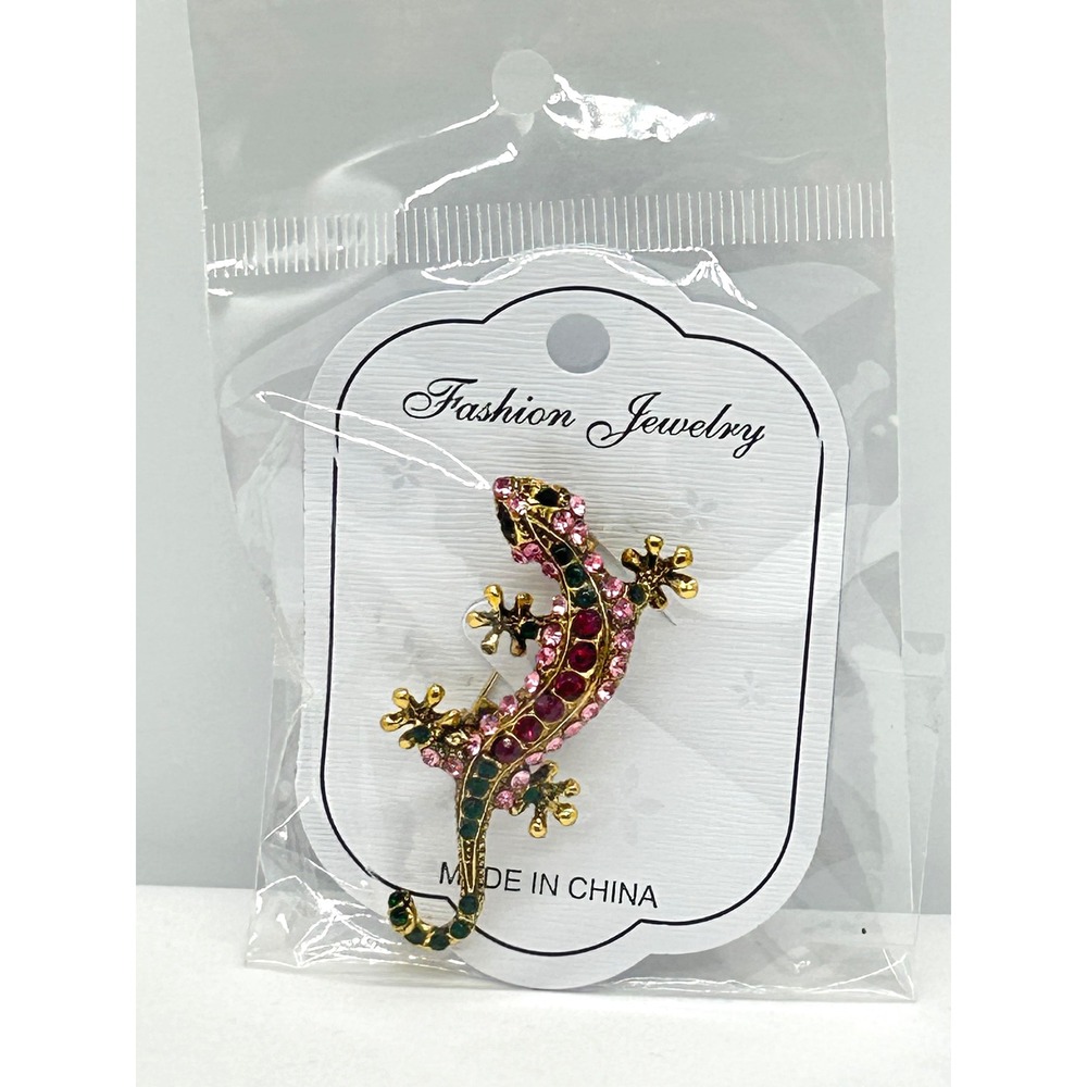 Gold Tone Pink and Green Rhinestone Lizard Gecko Brooch Pin Reptile Accessory - Picture 5 of 5